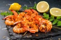 bbq spiced shrimps on a stone slab with lemon wedges Royalty Free Stock Photo