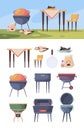 Bbq stand. Picnic grill steak in summer outdoor party kitchen items for food vector bbq yard