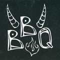 BBQ Steak Concept Lettering with Fire and Bull Horns. Meat Logo. on a Black Chalkboard Background.. Realistic