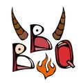 BBQ Steak Concept Lettering with Fire and Bull Horns. Meat Logo. Isolated On a White Background. Realistic Doodle Cartoon Style Ha Royalty Free Stock Photo