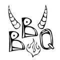 BBQ Steak Concept Lettering with Fire and Bull Horns. Meat Logo. Isolated On a White Background. Realistic Doodle Cartoon Style Ha