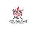 BBQ and steak with fire logo template. Grill and meat with fork and spatula vector design