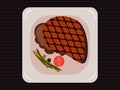 BBQ steak, grilled meat top view. Roast beef. Steak with vegetables on a dish. Vector illustration