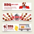 BBQ and steak horizontal banners template. Meat, barbecue and a food truck on a white background Royalty Free Stock Photo