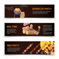 BBQ and steak horizontal banners template. Meat, coal, firewood and barbecue on a black background