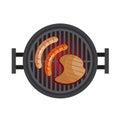 BBQ with steak, sausages. Preparation of meat in nature. Grill with hot coals. Vector illustration isolated on white Royalty Free Stock Photo
