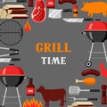 Bbq time background with grill objects and icons