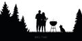 Bbq time couple with dog and kettle barbecue in forest silhouette