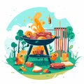 BBQ time, grill party. Grilled meat on a summer barbecue. Cartoon vector illustration. isolated background, label, sticker