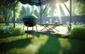 Bbq time, grill standing at the barbeque zone in summer garden. Created with Generative AI technology