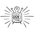 It is bbq time. Hipster logo and emblem of a restaurant barbecue on the background of a cutting board and skewers. Vector template Royalty Free Stock Photo