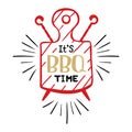 It is bbq time. Hipster logo and emblem of a restaurant barbecue on the background of a cutting board and skewers. Vector template Royalty Free Stock Photo
