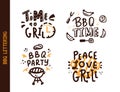 BBQ time set lettering about grill isolated on blackboard. Vector illustration. Barbecue text for poster design