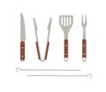 BBQ tools set. Grilling utensils, metal knife, tongs, spatula, fork and skewers for barbecue meat cooking. Barbeque