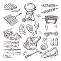 Bbq vector hand drawn illustration set. Grilled meat and other accessories for barbecue party
