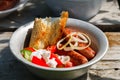 BBQ. Village lunch. grilled sausages with vegetable salad, onion and grilled bread. Royalty Free Stock Photo