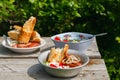 BBQ. Village lunch. grilled sausages with vegetable salad, onion and grilled bread. Royalty Free Stock Photo