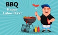 BBQ. Young cheerful man cooks grilled food