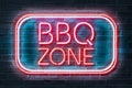 BBQ Zone Neon Sign 3D illustration on a dark brick background