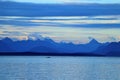 British Columbia Coast Mountains Panorama across Johnstone Strait in Evening Light, Campbell River, Vancouver Island Royalty Free Stock Photo