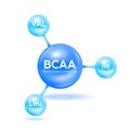 BCAA Branched chain amino acid blue. Leucine Isoleucine and Valine. Essential for body. Dietary supplement for pharmacy clinic ad