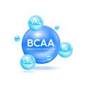 BCAA Branched chain amino acid capsule blue. Leucine Isoleucine and Valine. Essential for body. Dietary supplement for pharmacy cl