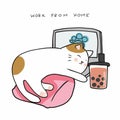 Work from home cat sleep on laptop and drink ice bubble milk tea cartoon vector illustration Royalty Free Stock Photo