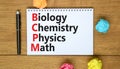 BCPM biology chemistry physics math symbol. Concept words BCPM biology chemistry physics math on the note on beautiful wooden Royalty Free Stock Photo