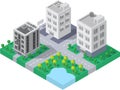 Isometric Building vector. Three building on Yard with road and trees.smart city and public park