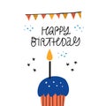 Bday cupcake and congratulation quote flat illustration