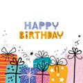 Bday presents pile greeting card or banner flat template with happy birthday typography. Pile of gifts and different graphic