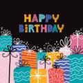 Bday presents pile. Greeting card with happy birthday typography. Pile of gifts and different graphic elements.Vector