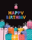 Bday presents pile. Greeting card with happy birthday typography. Pile of gifts and different graphic elements.Vector Royalty Free Stock Photo