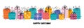 Bday template a horizontal holiday banner with happy birthday typography. Lots of gifts, presents, streamers, stars Royalty Free Stock Photo