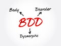 BDD - Body Dysmorphic Disorder is a mental health disorder, acronym text concept background