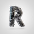 BDSM black latex letter R uppercase with chrome spikes isolated on white background