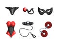 BDSM Erotic Toys with Leather Collar, Mask, Corset and Bracelet Vector Set Royalty Free Stock Photo