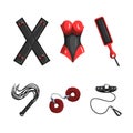 BDSM Erotic Toys with Leather Whip, Collar and Bracelet Vector Set Royalty Free Stock Photo