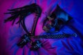 bdsm mask and leather accessories for bdsm games in neon light