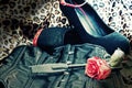 Bdsm toys and gothic corset with rose background Royalty Free Stock Photo