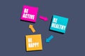 be active, be healthy and be happy inspirational reminder notes, lifestyle concept. Project Plan diagram mind map, business