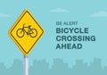 Be alert, bicycle crossing ahead road sign. Close-up view. Royalty Free Stock Photo