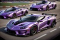 Three Magnificent Purple Sports Cars Speeding on the Race Track. AI generated