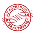 BE AUTHENTIC, text written on red postal stamp