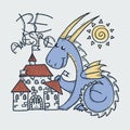 Be Awesome. Cute cartoon dragon with toy castle, doodle childish