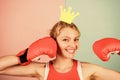 Be the best. lady winner. Queen of boxing ring. Sportswoman with princess crown. Victory concept. happy woman party