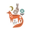 Be brave cute hand drawn nursery poster with cartoon ornate fox and rabbit. Animals, flower and lettering in modern runic