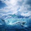 Beautiful ballet-like performance of Beluga whales amidst icy-blue icebergs