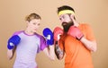 Be careful. Boxing sport concept. Couple girl and hipster practicing boxing. Sport for everyone. Amateur boxing club Royalty Free Stock Photo