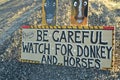 Be Careful of wild donkey and horses road sign along side highway Pahrump, Nevada, USA